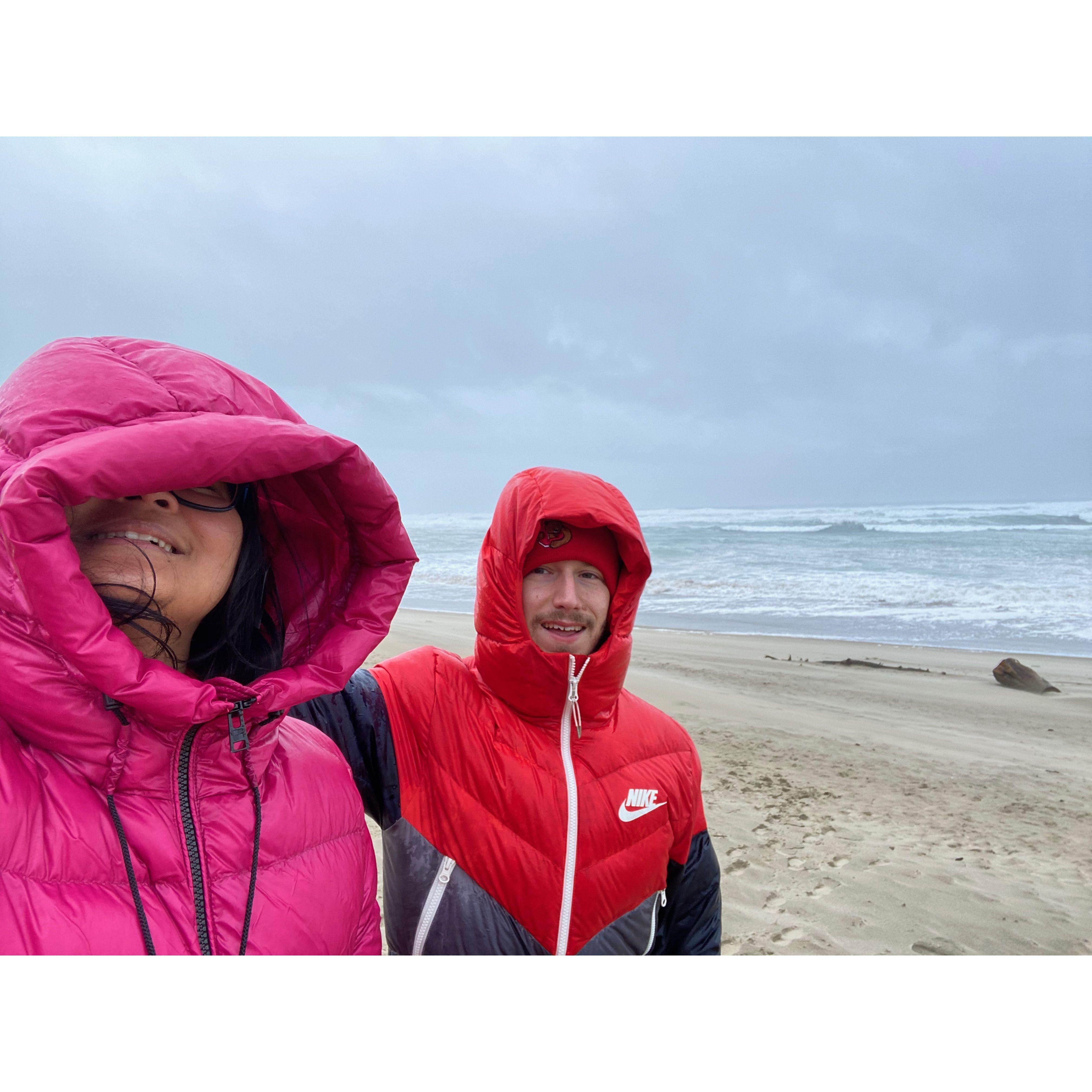 Oregon coast walk, super windy and cold. Brrr.