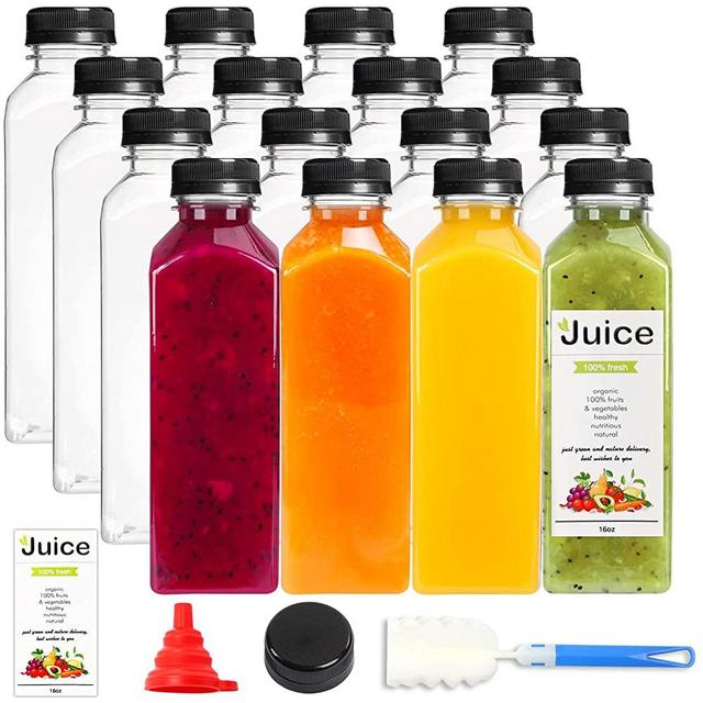 DEPEPE 16 Pack 16oz Reusable Plastic Bottles with Caps, Empty PET Juice Bottle with Lids for Juicing, Smoothies, Drink, Water Containers