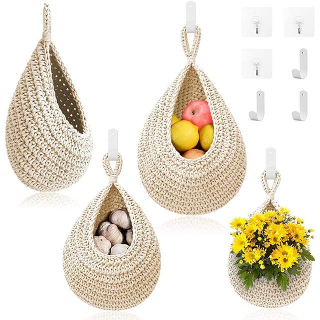 Hanging Fruit Baskets for Kitchen - 3 Pack Boho Wall Hanging Basket with 6 Pcs Strong Hooks, Handwoven Hanging Holder Teardrop Home Produce Basket for Fruits Vegetable Potato Onion Storage (White)