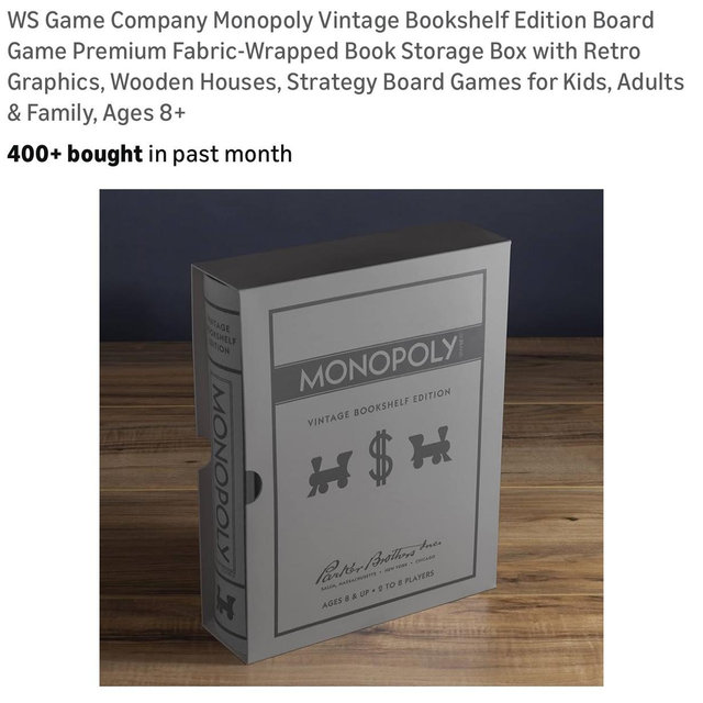 WS Game Company Monopoly Vintage Bookshelf Edition Board Game Premium Fabric-Wrapped Book Storage Box with Retro Graphics, Wooden Houses, Strategy Board Games for Kids, Adults & Family, Ages 8+