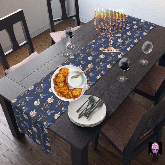 Blue Hanukkah Table Runner, Chanukah Party Decorations, Menorah Dreidel Jewish Hostess Gifts