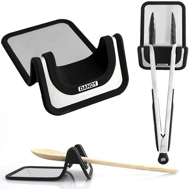 DANDY SpoonBest™ Non-Slip Silicone and Stainless Steel Spoon Rest/Tongs Holder for Stovetop, Countertop, and BBQ grill - Dishwasher Safe (Quantity = 1)