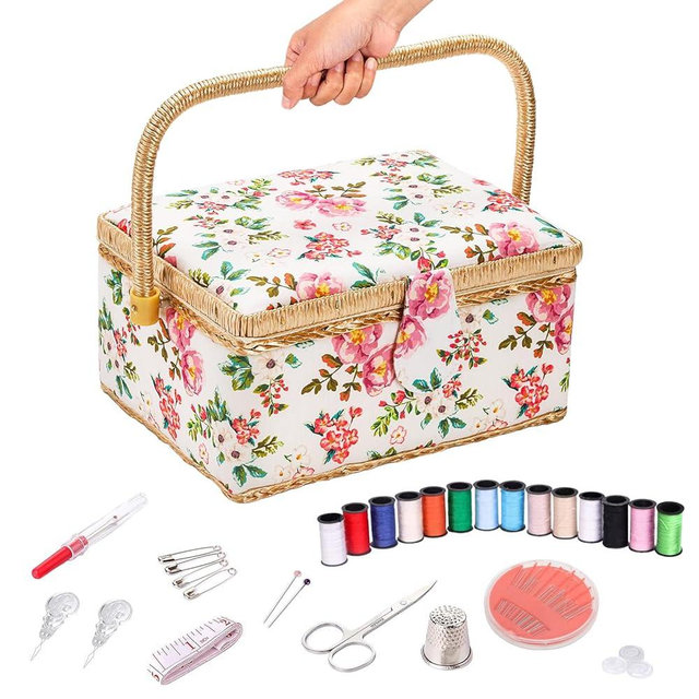 Sewing Basket with Accessories, Floral Print Sewing Box for Sewing Supplies,Wooden Sewing Kits Storage Box with Removable Tray,Sewing Basket Organizer Carrying Bag for Beginners & Professional