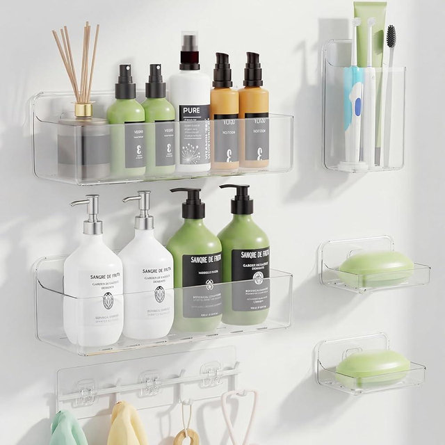 Nefeiya Adhesive Shower Caddy 6 Pack Rustproof Shower Shelves for Inside Shower No Drilling Bathroom Organizers and Storage & Home Décor & Kitchen Large Rack with Soap Holder Clear (clear)