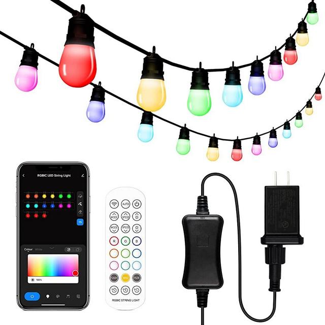 Smart Outdoor String Lights, RGB+IC 2700K Outdoor LED Patio Lights, 49ft with 15 S14 Bulbs, Customizable WiFi String Lights, Work with Alexa/Google, Waterproof, DIY Scene, APP/Remote Control