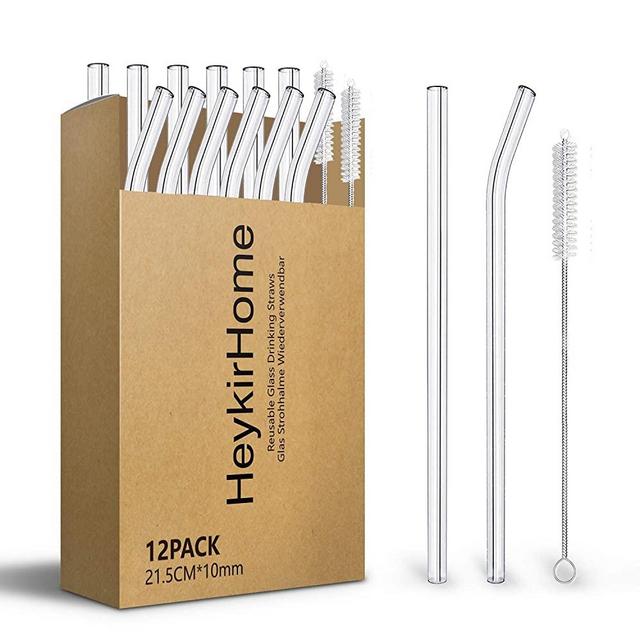 HeykirHome 12-Pack Reusable Glass Straws Transparent,21.5 cm Length 10 MM Wide- Perfect for Smoothies, Tea, Juice with 2 Cleaning Brush