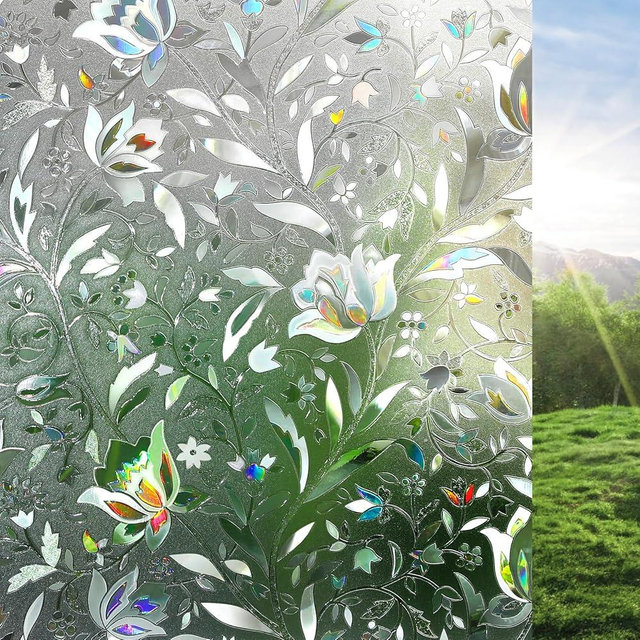 rabbitgoo Window Privacy Film, Decorative Stained Glass Window Film, Sun Blocking Glass Clings, Renter-Friendly Static Cling Frosted Sticker Covering for Home Door, Rainbow Tulip 23.6" x 78.7"