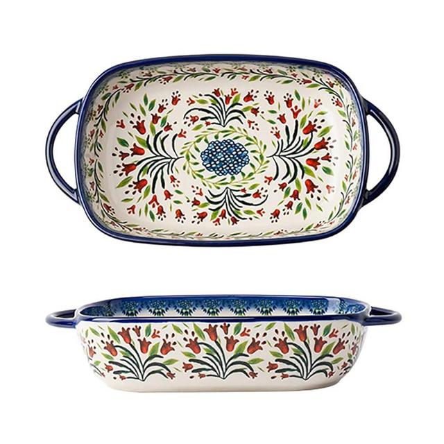 Bicuzat Vintage Style Tulip Flower Pattern Ceramic Bakeware Casserole Dish Baking Pan Lasagna Pans Baking Dish with Handles for Oven/Cooking/Kitchen-1 PCS-22 OZ