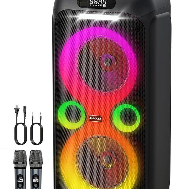 Karaoke Machine,Party Speaker Bass Boost w/Double 8" Woofer,Big Portable Bluetooth Speaker, 2 Wireless Microphone,24H/EQ/REC/RGB Light/Echo,Portable PA System for Outdoor Party, Home Gathering