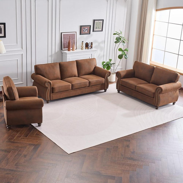 Couchus Living Room Furniture Sets,Sofa Sets and Couch Sets for Living Room,Mid-Century Vintage Sofa Couches with Rivet Design (Caramel, Single+Loveseat+3 Seater)