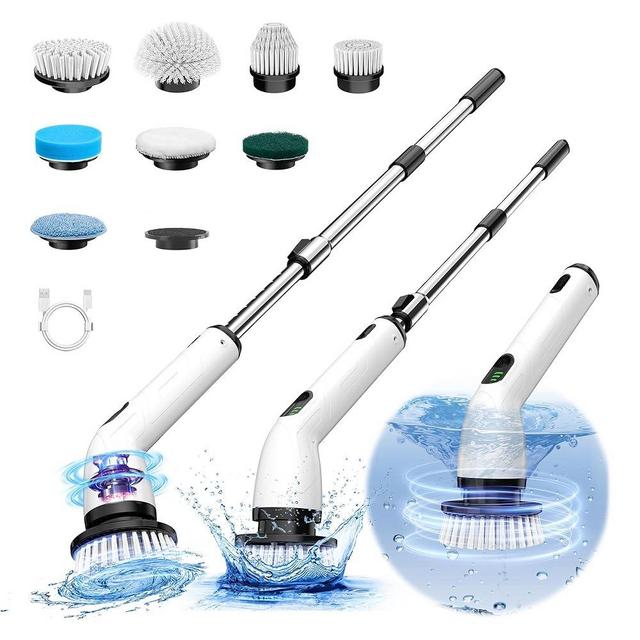 Electric Spin Scrubber, 2024 New Full-Body IPX7 Waterproof Cordless Bathroom Scrubber with 8 Replaceable Heads, Upgraded Extension Handle, Shower Cleaning Brush for Bathtub, Tile, Floor-KE3
