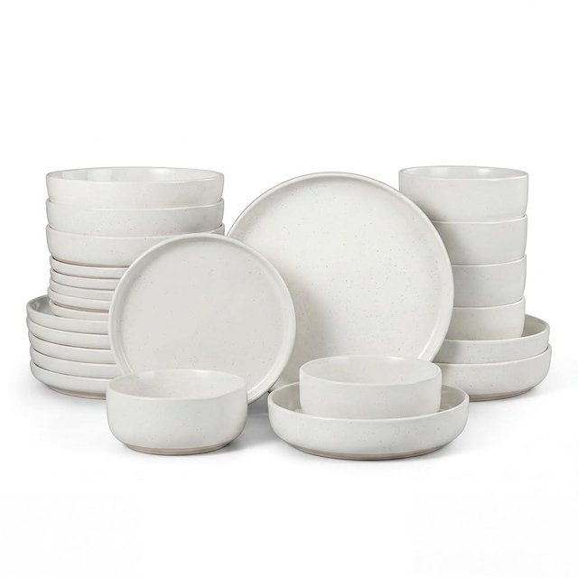 HaWare 24-Piece Plates and Bowls Set for 6, Stoneware Dinnerware Sets with Pasta Bowl, Dishes Set for Home Restaurant, Speckled Milky White