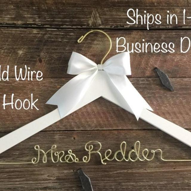 Wedding Hanger - White with Gold Wire & Hook & White Bow