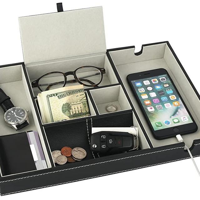 Mantello Valet Tray Nightstand Organizer Charging Station Leather 6 Compartments, Black, Large