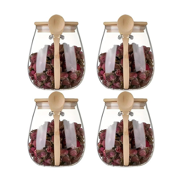 DNIENKGE Airtight glass jar storage container with bamboo lid Set of 4, wide mouth, leak-proof, With a spoon, can be used for coffee beans, tea leaves, grains, dried fruits, etc (Middle*4pcs)
