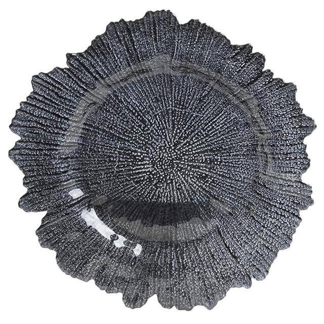 Koyal Wholesale Bulk Flora Glass Charger Plates, Set of 4, Navy Blue, Starburst Charger Plates, Reef Charger Plates