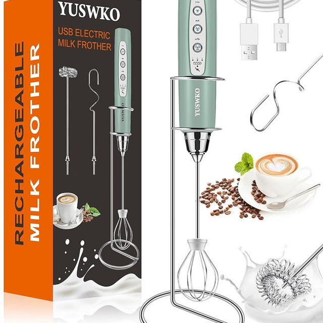 YUSWKO Rechargeable Milk Frother for Coffee with Stand, Handheld Drink Mixer with 3 Heads 3 Speeds Electric Stirrers for Latte, Cappuccino, Hot Chocolate, Egg - Granite