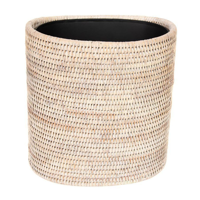 White Wash Tava Handwoven Rattan Oval Wastebasket with Metal Liner