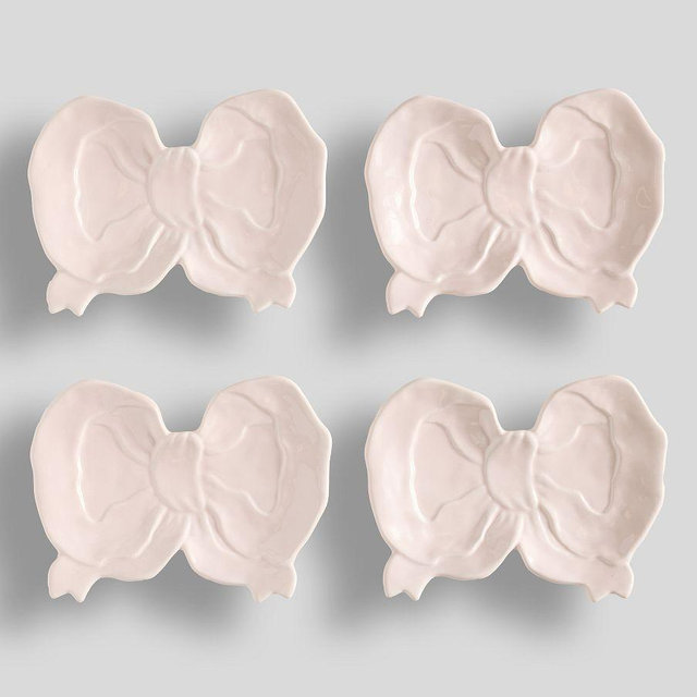 LoveShackFancy Bow Stoneware Appetizer Plates, Set of 4 - Pink