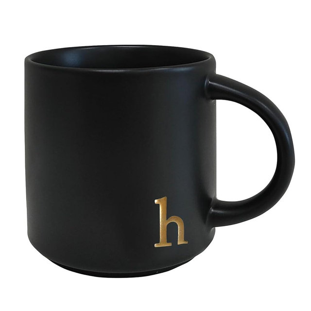 COLLECTIVE HOME - Black Monogram Ceramic Mugs, 15 oz Golden Initial Coffee Cups, Elegant Alphabet Tea Mugs, Personalized Halloween Mug with Gift Box, Perfect for Office and Home Décor (h)