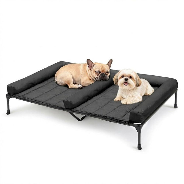 Veehoo Elevated Dog Bed for Two Dogs, Cooling Raised Dog Bed with Removable Waterproof Bolster Mat, 49" x 33" Double Dog Bed, Outdoor & Indoor Pet Cot with Breathable Mesh, Non-Slip Feet, Black
