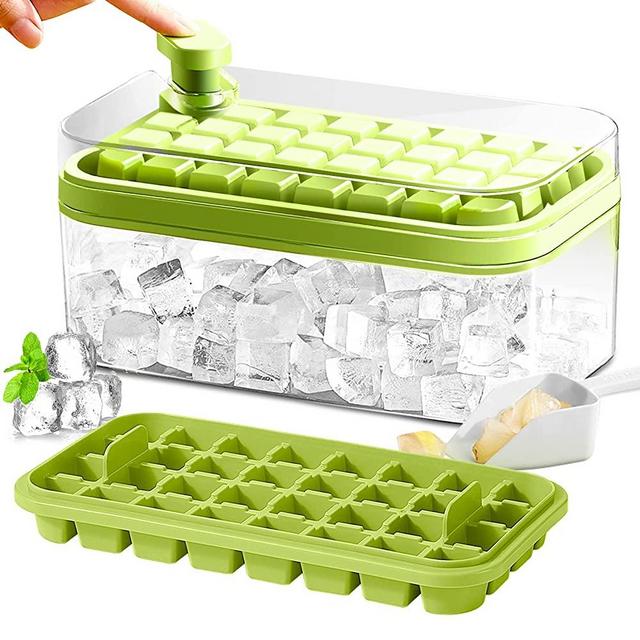 Ice Cube Tray with Lid and Bin, 2 Pack Ice Cube Trays for Freezer, 64 Pcs Ice Cube Mold, Green