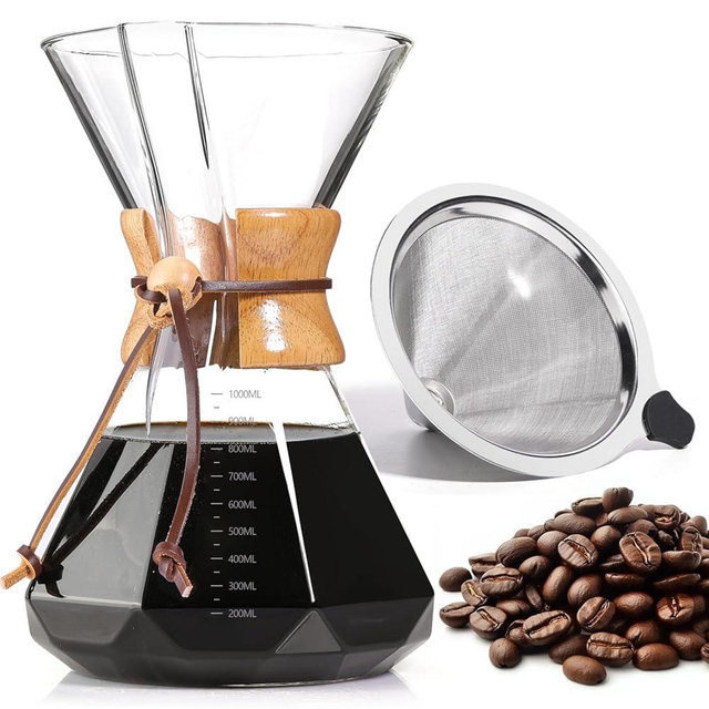 Yopinmall Pour Over Coffee Maker 34 OZ, 10 Cup Borosilicate Glass Drip Coffee Maker with Reusable Stainless Steel Filter and Cork Grip for Home Café 1000 ML (Diamond Shape)