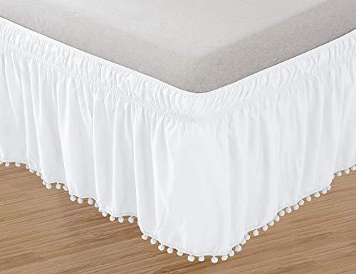 Elegant Comfort POM-POM-BedSkirt-Queen/King White Top-Knot Tassle Pompom Fringe Ruffle Skirt Around Style Elastic Bed Wrap-Wrinkle Resistant 16" Drop, Queen/King, White