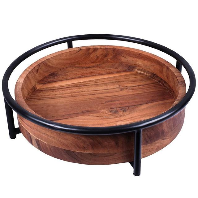 Round Wooden Tray - Decorative Acacia Wood with Iron Countertop Home Decor Fruit Display Bowl Round Serving Tray for Kitchen Dining Table Ottoman Outdoor Indoor Hosting Tableware