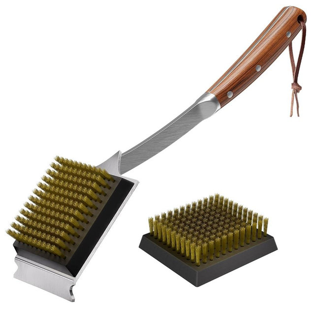 ENLOY Grill Brush and Scraper for Barbecue, 17" Grill Brush for Outdoor Grill, Extended Rosewood Handle and 2 Replaceable Copper Wire Brush Heads, Grill Cleaning Brush Grill Accessories for Most Grill