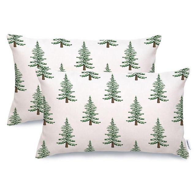 GEEORY Christmas Pillow Covers 12x20 Inch Set of 2, Xmas Trees White Farmhouse Decorative Throw Pillowcases for Home Sofa Couch Cushion Decoration (Green Trees) GW03-12