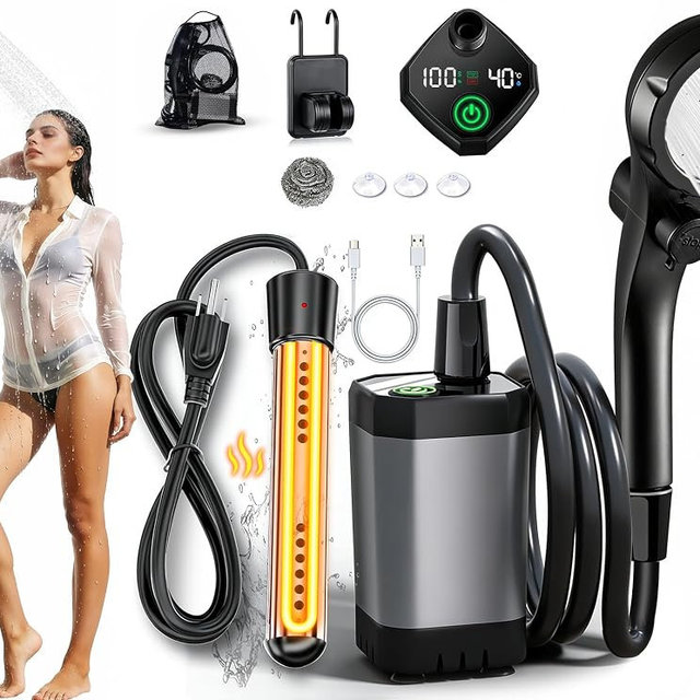 2026 Upgraded Portable Camping Shower with Heater,2000W Camping Water Heater with Shower Head 3 Spray Modes,6000mAh Rechargeable Camping Shower Pump with LED Display,Outdoor Heated Camp Shower for Car