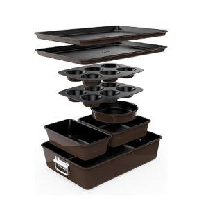 NutriChef 8-Piece Nonstick Stackable Bakeware Set - PFOA, PFOS, PTFE Free Baking Tray Set w/Non-Stick Coating, 450°F Oven Safe, Round Cake, Loaf, Muffin, Wide/Square Pans, Cookie Sheet (Brown)