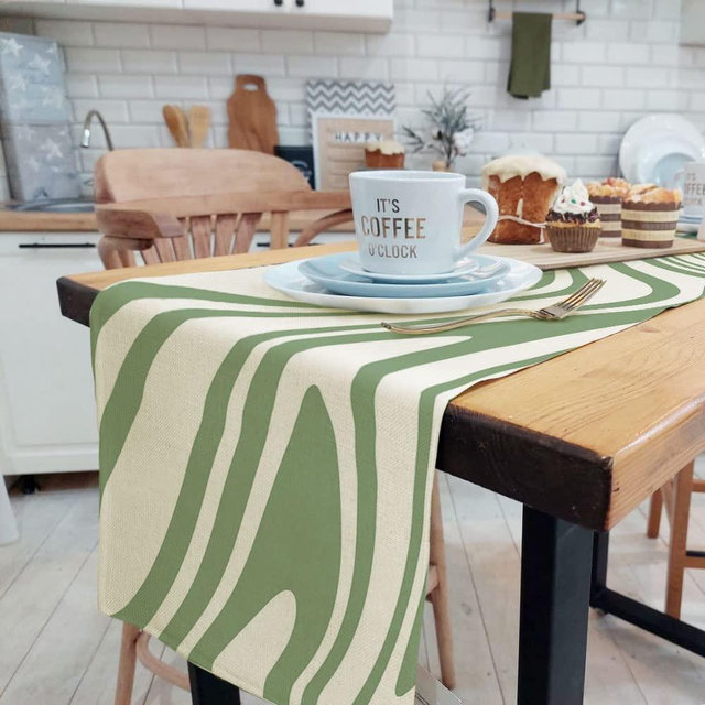 Sage Green Table Runner, Retro Boho Aesthetic 70S Abstract Wavy Swirl Decor Holiday Kitchen Dining Table Decoration for Indoor Outdoor Home Party Decor 13 x 72 Inch