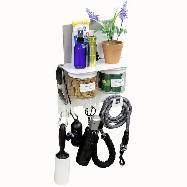 Vascito Dog Leash Holder for Wall, Dog Storage Organizer with 9" Dog Shelf, Dog Hooks and 2 Small Airtight Dog Treat Containers, Dog Stuff Organizer and Storage, Dog Accessories, New Puppy Essentials