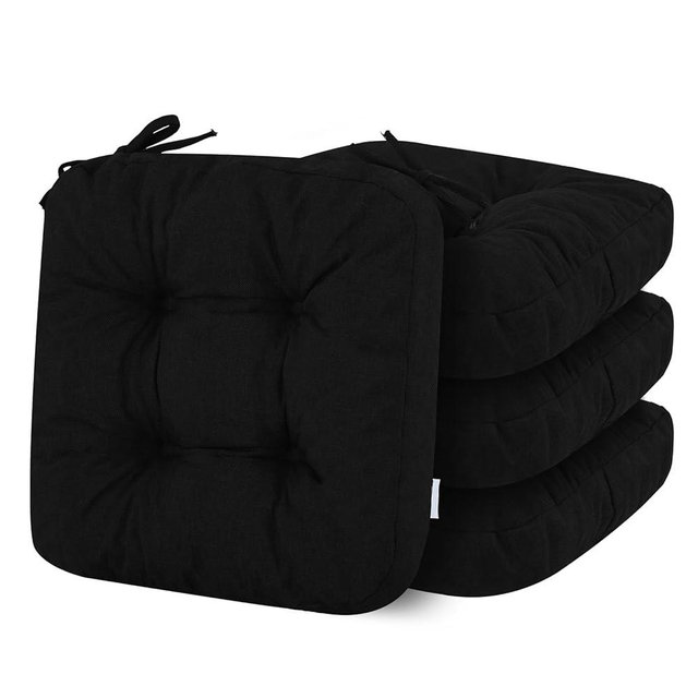 idee-home Chair Cushions for Dining Chairs Set of 4, D-Shaped Kitchen Chair Cushions Pads with Ties and Non Slip Backing, Tufted Seat Pads, 15.5 x 15.5 Inches, Black