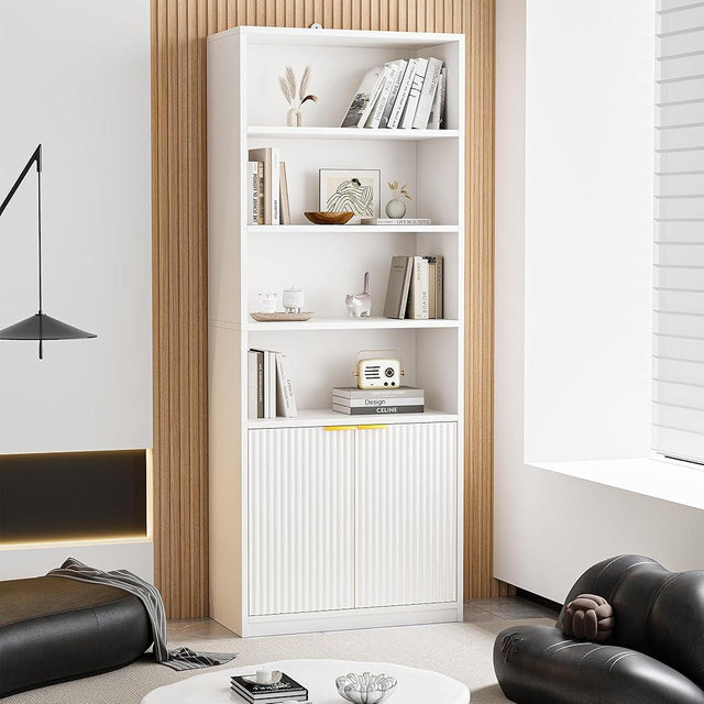 INNOD 72" Tall Book Shelf Bookcase with Doors, Floor Standing 7 Tier Bookshelf Display Shelves, Bookshelf with Storage Cabinet, Home Decor Furniture for Living Room Bedroom and Home Office