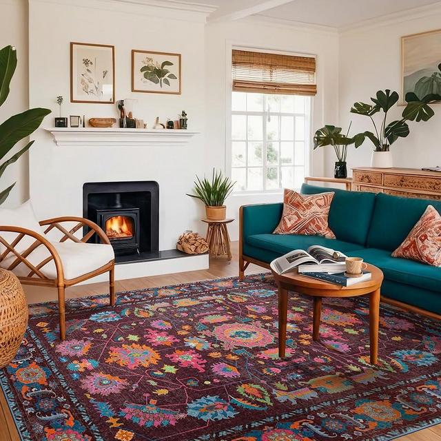 9x12 Oushak Area Rugs Living Room Washable Non Slip Low Pile Vintage Floral Stain Resistant Soft Large Oriental Rugs for Bedroom, Dining Room, Kitchen, Indoor Leisure Rooms, Nova Burgundy Orange Pink