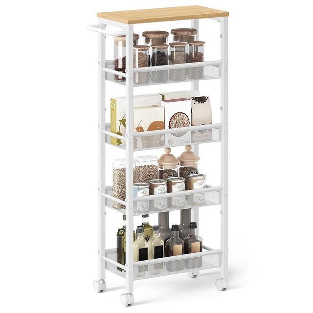 VASAGLE Slim Rolling Cart, 5-Tier Storage Cart, Narrow Cart with Handle, 8.7 Inches Deep, Metal Frame, for Kitchen, Dining Room, Living Room, Home Office, Oak Beige and White ULRC035W09