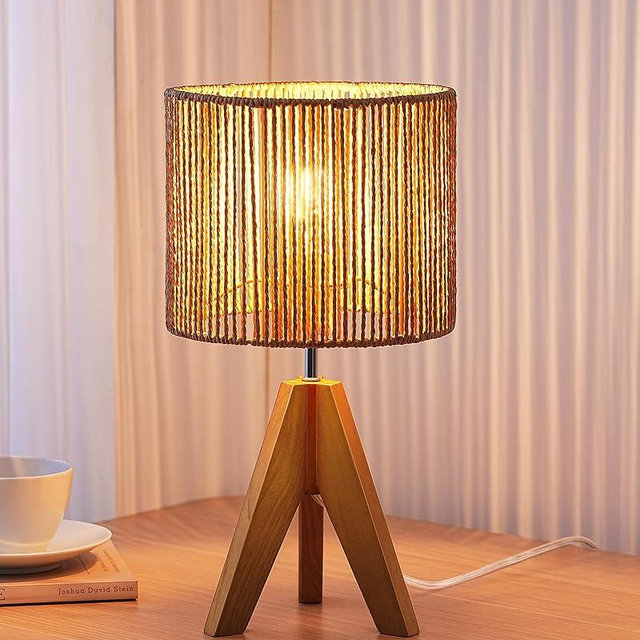 EDISHINE Small Rattan Table Lamp, Wood Tripod Bedside Lamp, Boho Nightstand Lamp for Living Room, End Table, Office, E26 Base, Natural Style