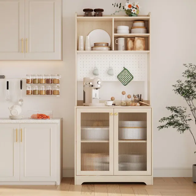 71" Kitchen Pantry Cabinet with Glass Doors, Pegboard & Open Shelves, Wooden Sideboard Buffet Cabinet with Hutch,for Dining Room, Natural
