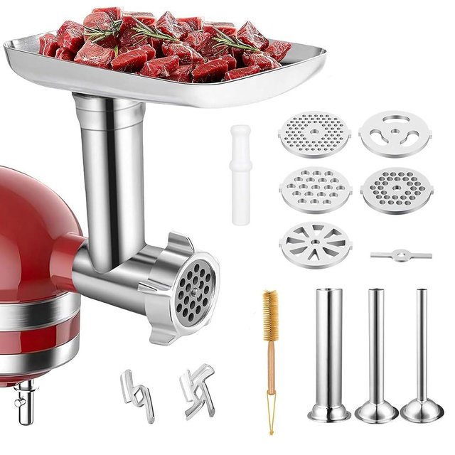 100% Stainless Steel Meat Grinder for KitchenAid Mixer, Dishwasher Safe with 3 Sausage Stuffers & 4 Grinding Plates, Anti-Corrosion Anti-Corrosion Polished Design（Not include the KitchenAid Mixer）