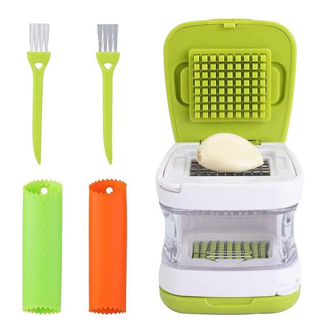 LEAMEERY Garlic Press Set Garlic Clove Cube Press Tool - Includes 2 Silicone Garlic Peeler and 2 Cleaning Brush - Easily Slice or Cube Garlic Cloves Without Mess