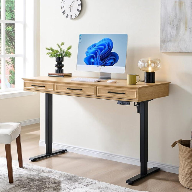 wow97e Electric Standing Desk with 3 Storage Drawers, 55x22 Inch Adjustable Height Office Computer Desk w/One-Piece Desktop & Power Outlets,Sit to Stand Up,Gaming Table for Home and Study, Natural Oak