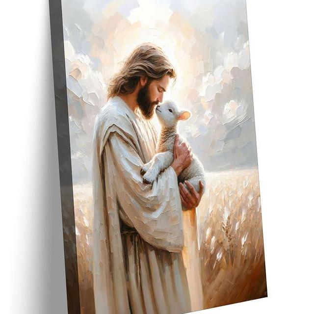 Jesus Holding sheep Canvas Wall Art Jesus Christ The Good Shepherd Wall Decor Picture Religious Christian Poster Print for Church Living Room Bedroom Home Decoration 16x24in Prepare to hang
