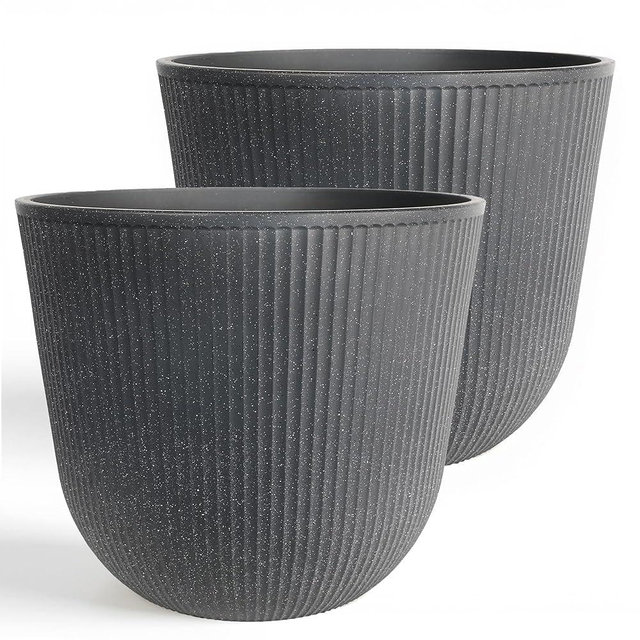 WORTH Garden Round Large Planter Pot Set of 2-17.5" Dia x 15.5" H - Durable Plastic Grey Plant Tree Pots with Vertical Stripe Textured Finish, Drainage Hole for Indoor, Outdoor, Front Porch, Patio