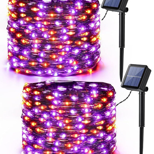 Brizled Orange & Purple Halloween Lights, 39.37ft 120 LED Orange Lights, Purple Solar Halloween Lights 8 Modes, Outdoor Twinkle Orange Halloween String Lights for Halloween Party DIY Decor, Black Wire