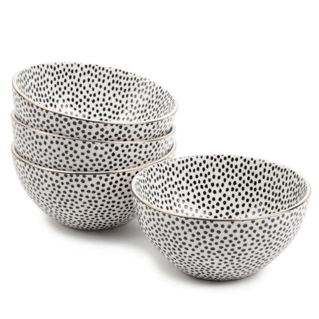 Thyme & Table Dinnerware Black & White Dot Stoneware Round Bowls, 4 Pack