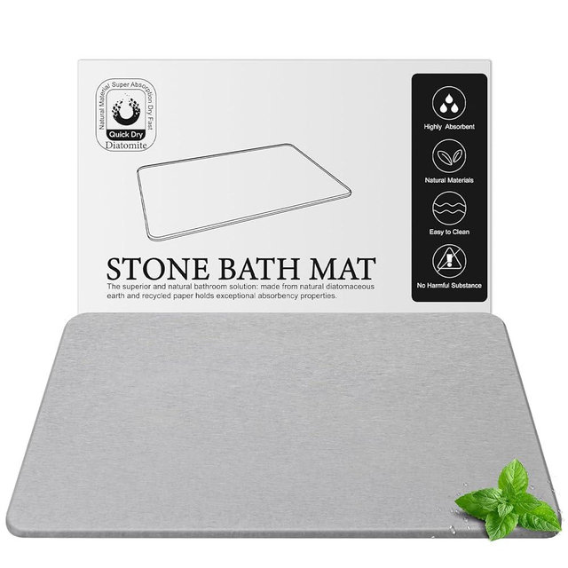 Greenturf Diatomite Stone Bath Mat, Premium Non-Slip Natural Diatomaceous Earth Bathtub Fast Drying Mats for Bathroom Floor (23.6" x 15.4" Light Grey)