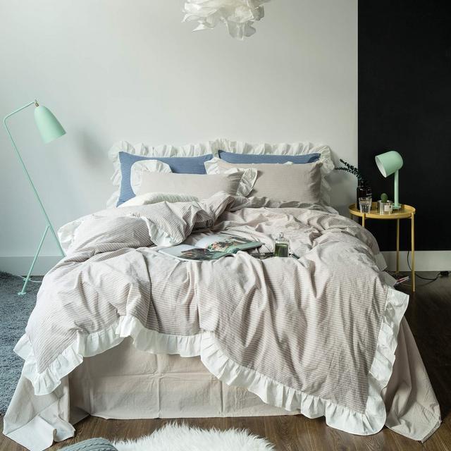 SUSYBAO 3 Pieces Vintage Ruffle Duvet Cover Set 100% Washed Cotton Queen Size Beige Striped Princess Girls Bedding with Zipper Ties 1 Rural Duvet Cover 2 Pillow Shams Luxury Quality Soft Breathable